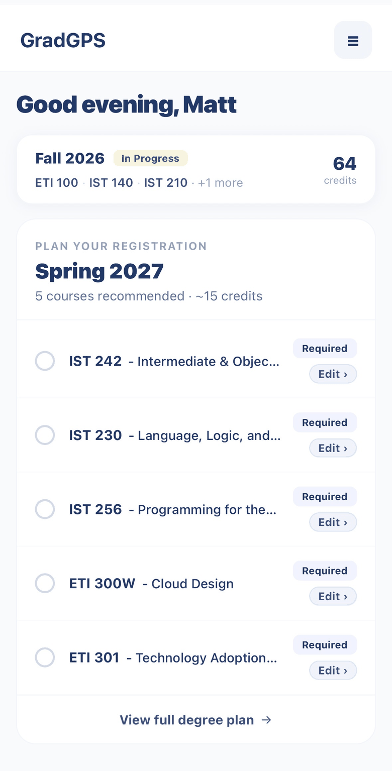 GradGPS home screen: Fall 2026 in progress at 64 credits, and a recommended Spring 2027 registration plan of five courses including IST 242 and ETI 300W